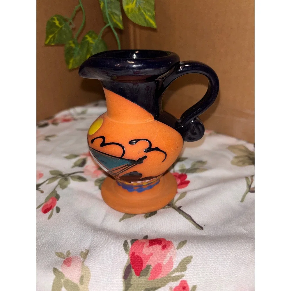 Hand Painted Dominican Republic Mini Terracotta Pitcher Sailboat Nautical Decor